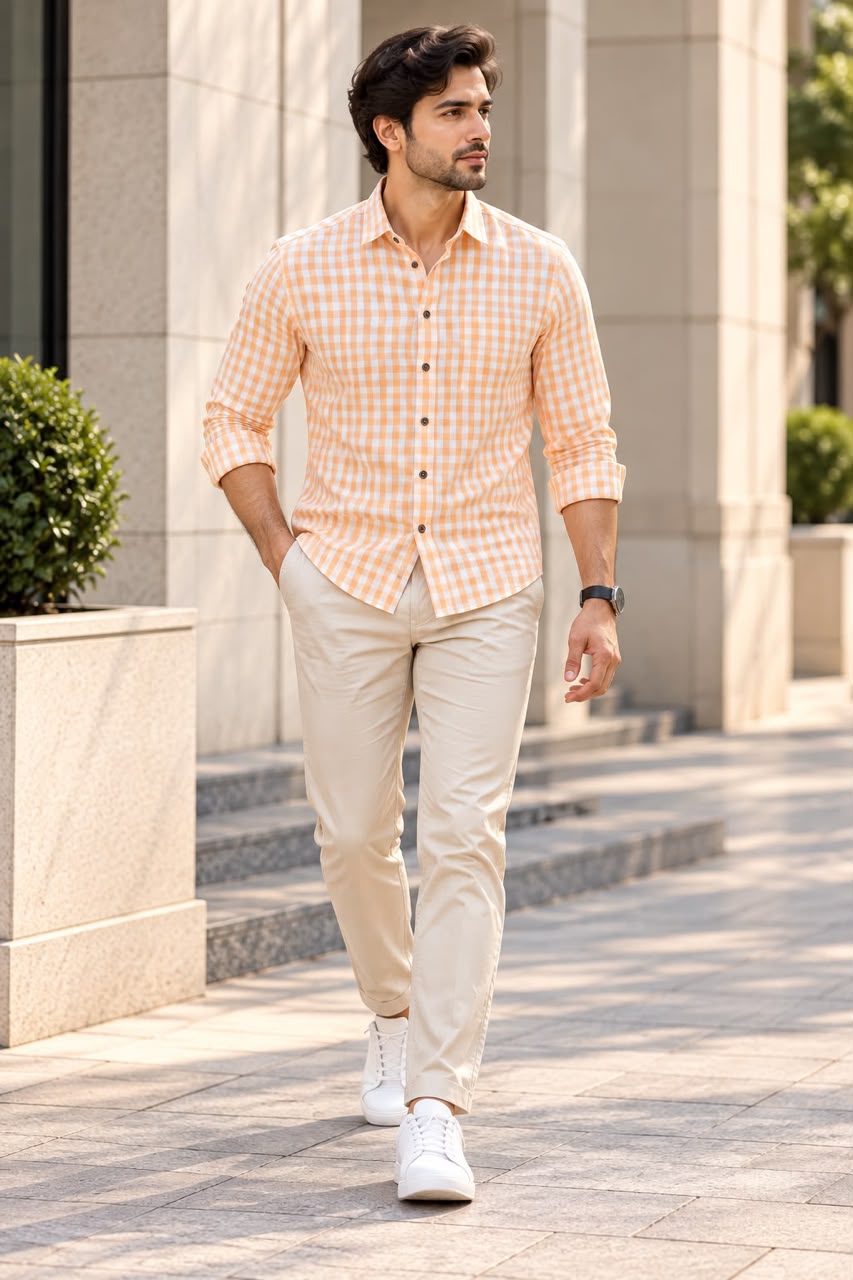 Men's Peach Check Full Sleeve Shirt